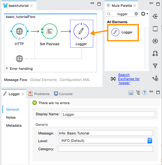 A Mule Palette with the Logger component highlighted