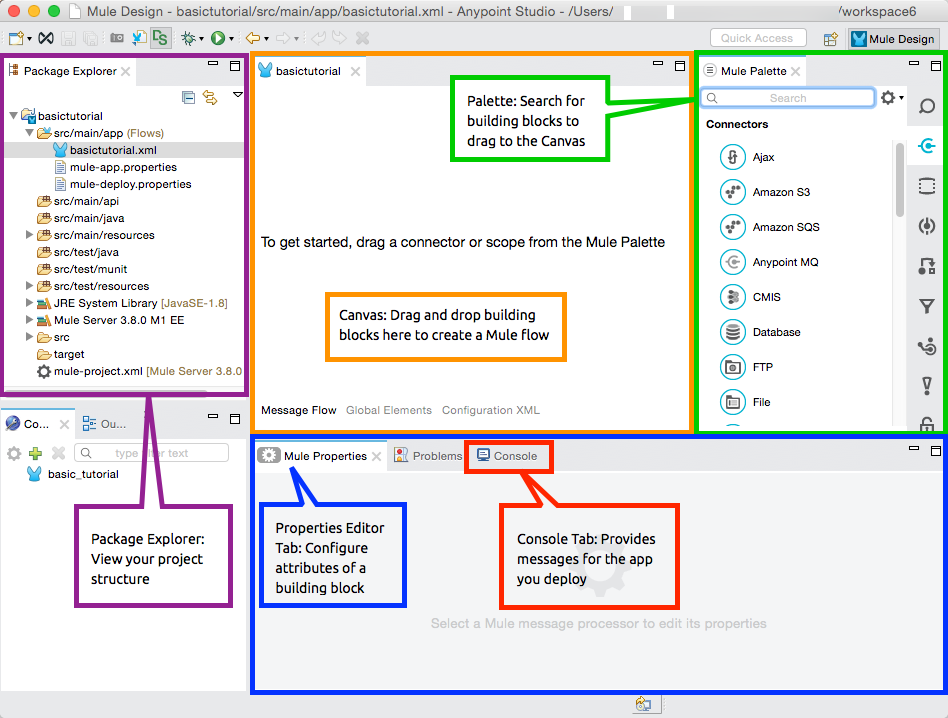 The Mule Design workspace displays a console tab, a palette for filtering and selecting building blocks, and a project structure in the package explorer