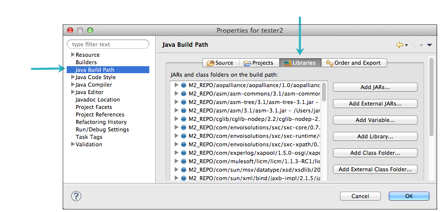 A dialog box displaying JARs and class folders on a build path