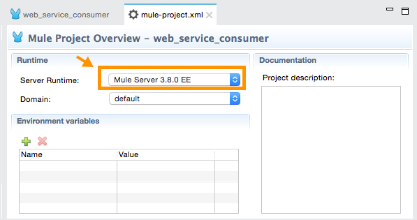 A Mule Project overview with a highlighted server runtime of Mule Server 3.5.0 M4 EE