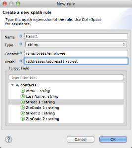 A window to establish a new XPath rule, with designated fields for name, type, context, XPath, and target field