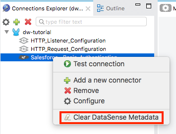 A dropdown menu with options to test a connection, add a new connector, configure, remove, and clear DataSense metadata