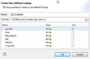 A window for creating a user-defined lookup with a table listing names, types, and keys