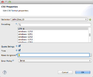 A dialog box for editing CSV format properties, including encoding, delimiters, and quote characters