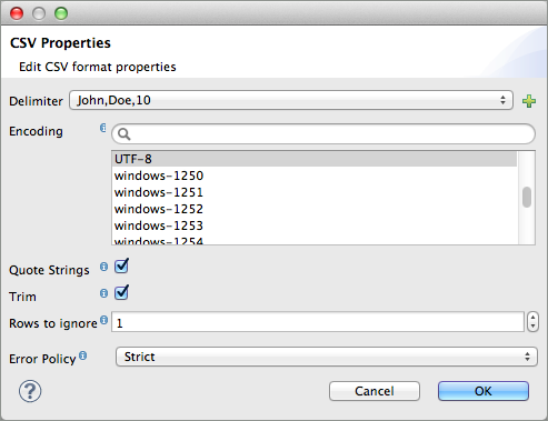 A dialog box with options to edit CSV format properties