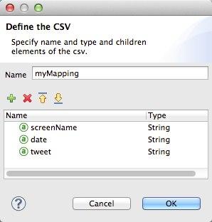 A window for defining a CSV file with field for name, type, and child elements