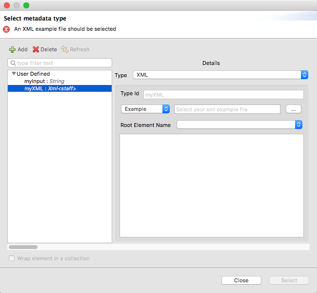 A dialog box for selecting an XML metadata type, with fields for Type ID, Example, and Root Element Name