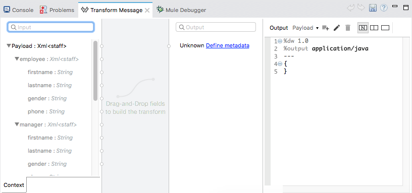 A dialog box for selecting an XML metadata type, with fields for Type ID, Example, and Root Element Name