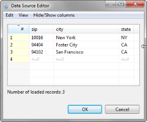 A data source editor with a table showing zip codes, cities, and states