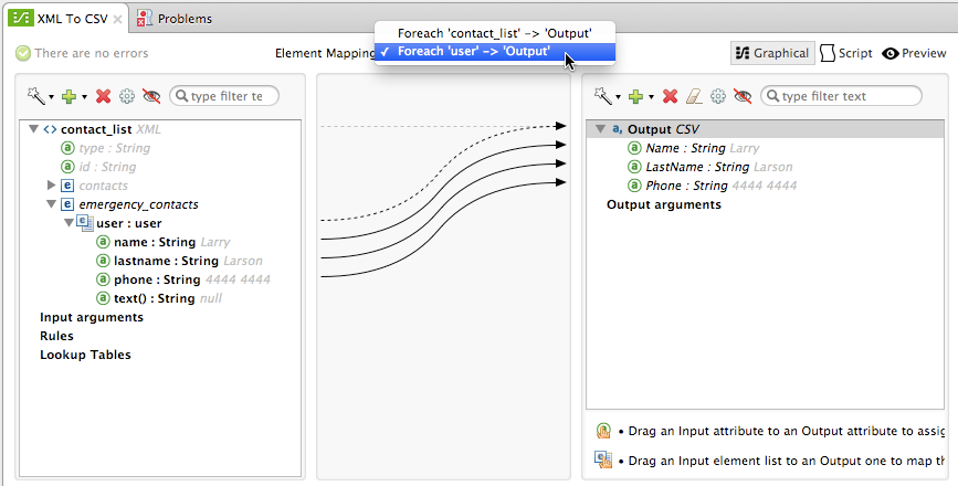 A software interface demonstrating the process of mapping input data to an output CSV file