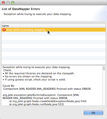 A dialog box displaying an error during the mapping process