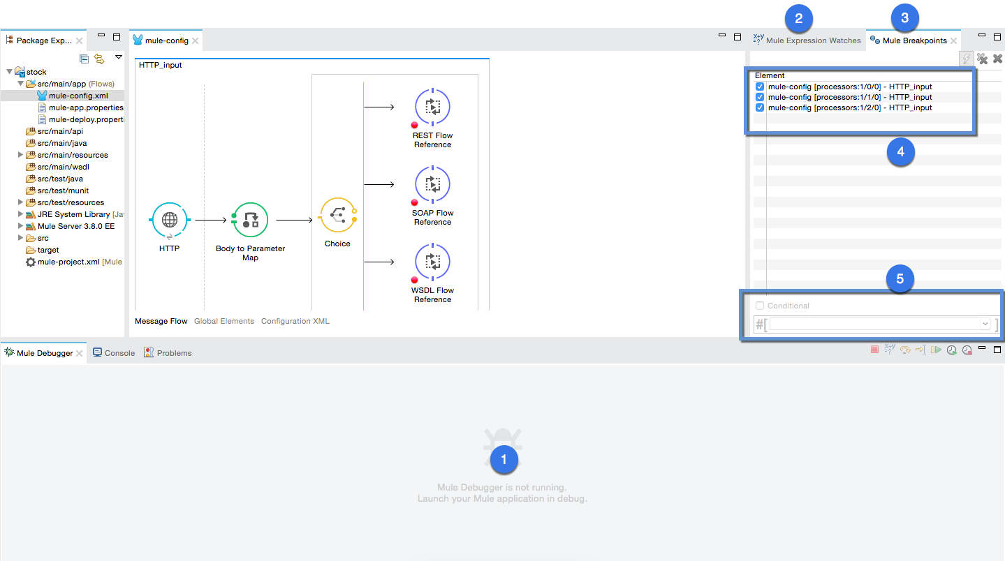 A Mule Studio window with a flow diagram displaying an HTTP endpoint, body to parameter map, and a choice component