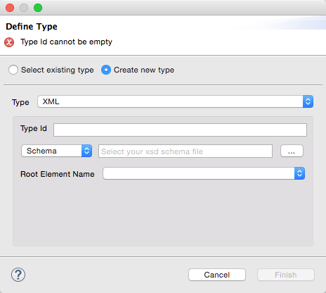 A window for defining a new data type with fields for an ID, schema, and a selection to create or select a data type