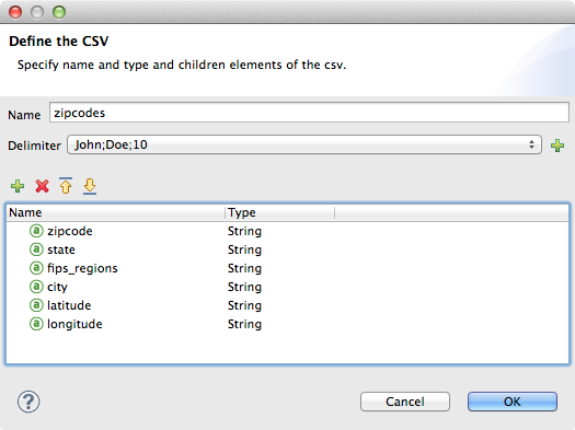 A form for defining a CSV file, complete with fields for name, delimiter, and field types