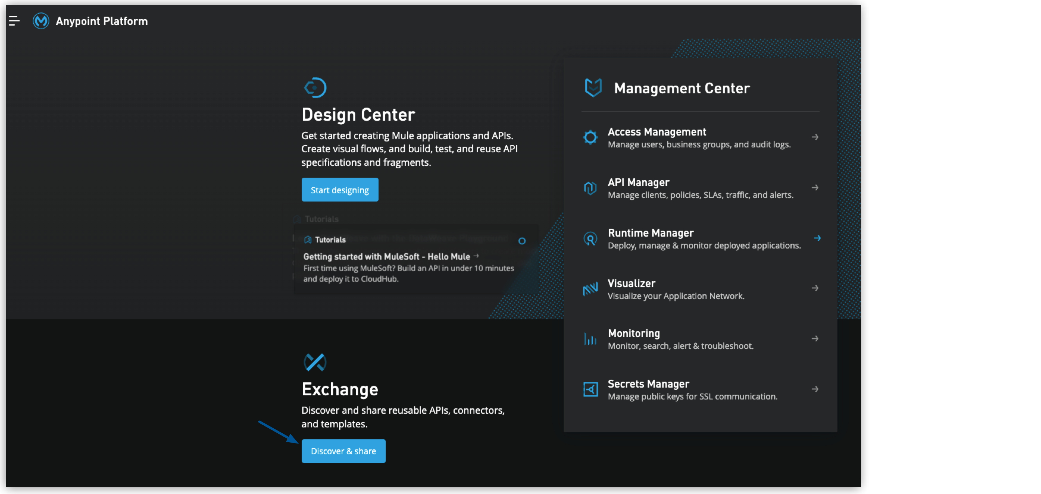 A screenshot of the Anypoint Platform, displaying the options for Design Center and Management Center