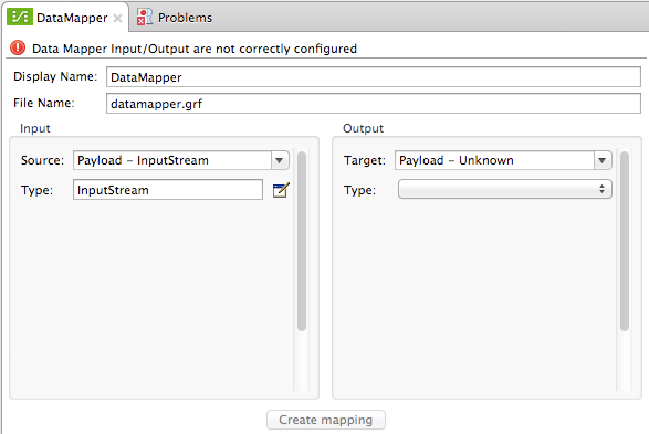 A configuration form with input and output fields for a data mapper