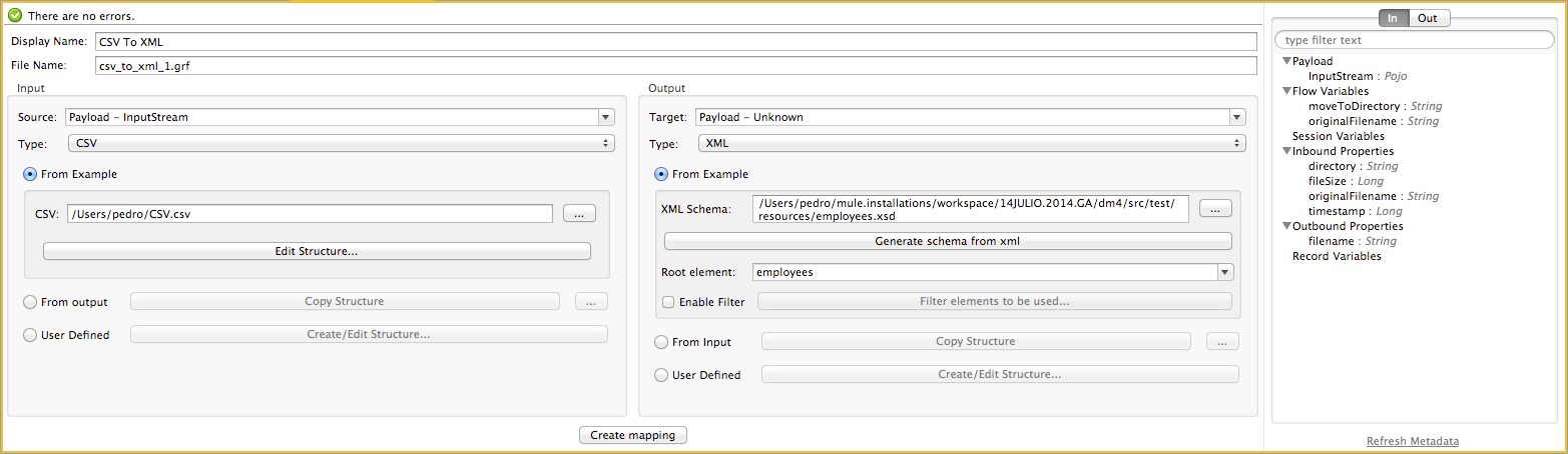 A window with a form for creating a mapping from CSV to XML