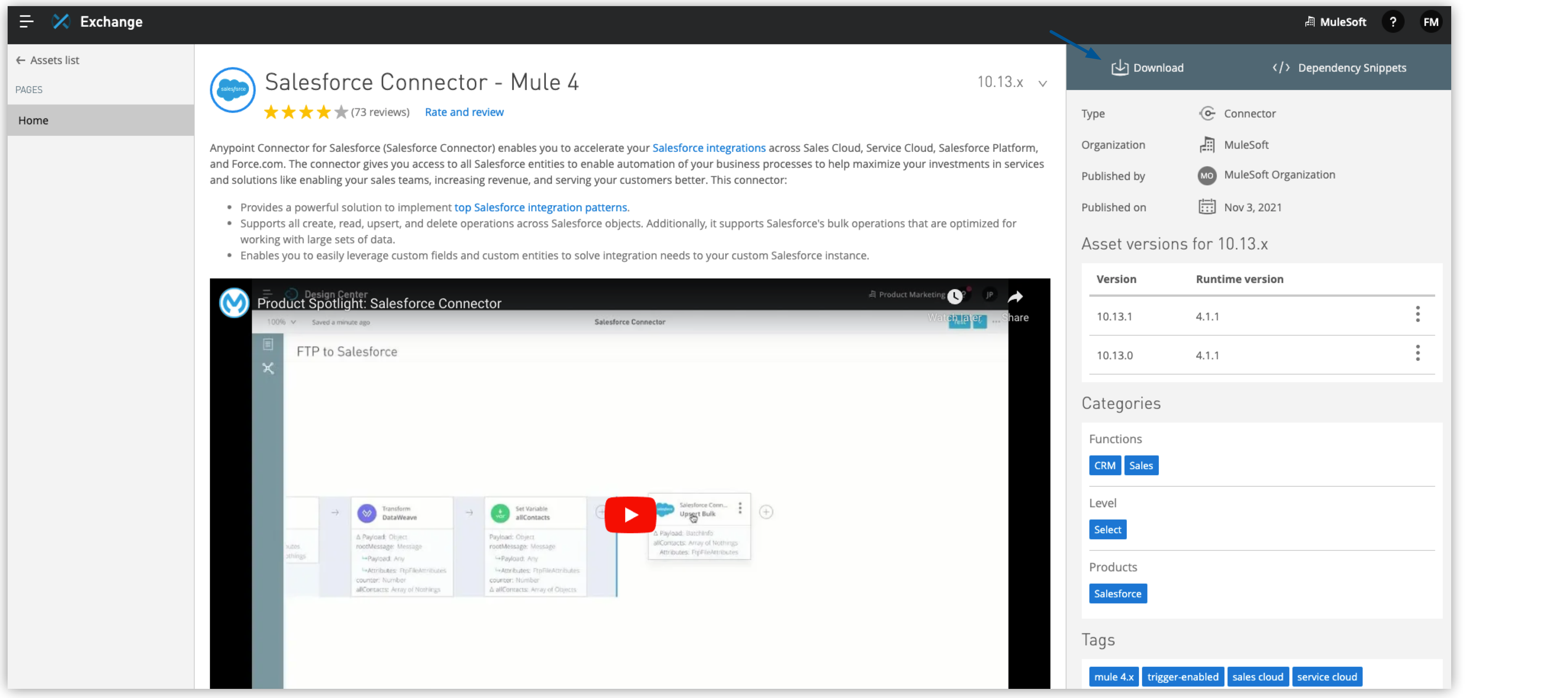 A table of Salesforce Connector for Mule 4 versions