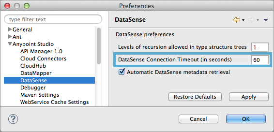 A settings window for DataSense preferences, with a connection timeout of 60 seconds