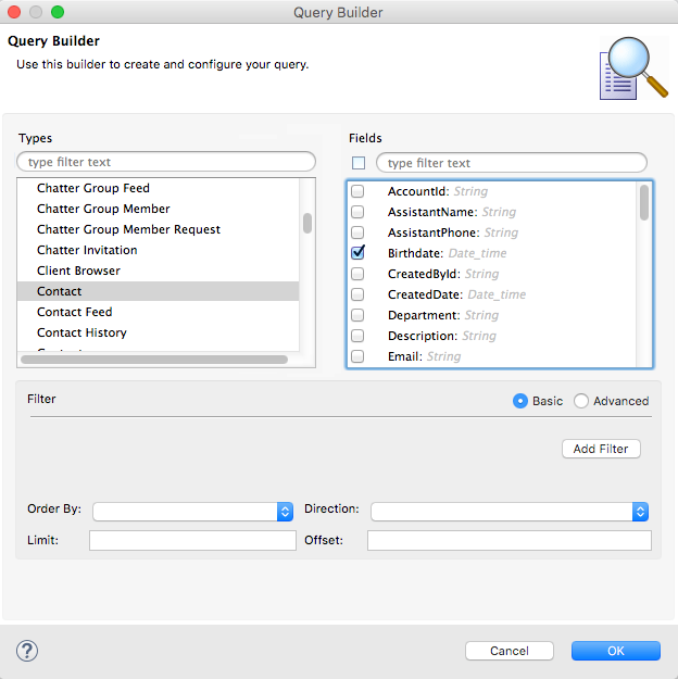 A form with options to filter, order, and limit data by various fields