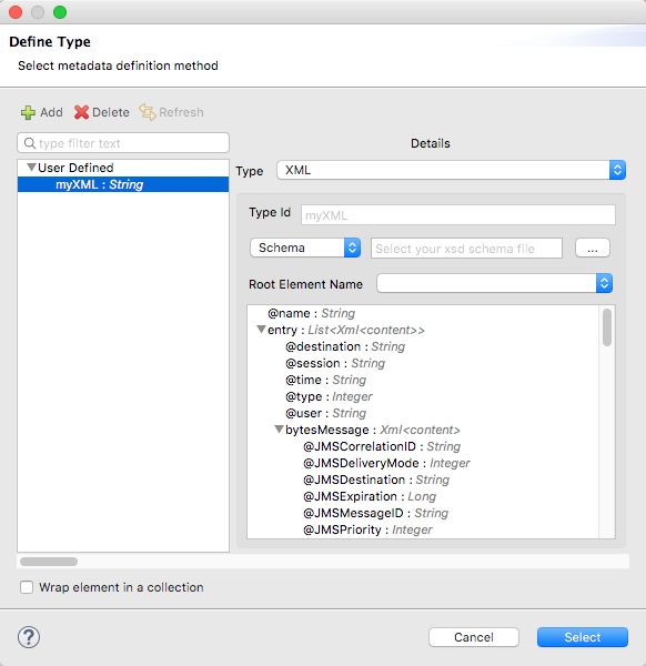 A window with a form to select the metadata type and define the root element name