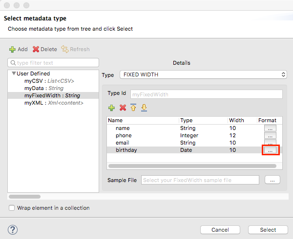 Table of data types, widths, and formats for a Fixed Width data type