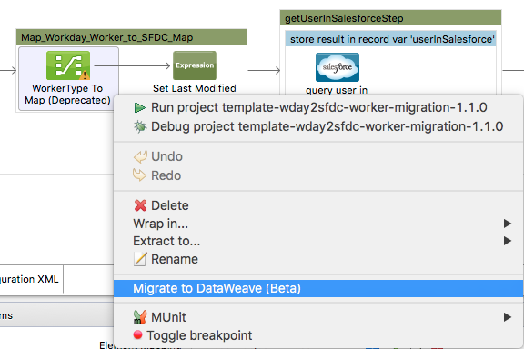 A comprehensive menu offering migration, running, debugging, and other project operations