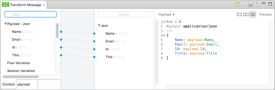 A window displaying the JSON payload transformation