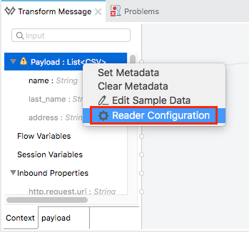 A menu with options to Set Metadata, Clear Metadata, Edit Sample Data, and Reader Configuration