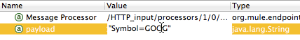 A table that displays the name, value, and type of a Message Processor and a payload