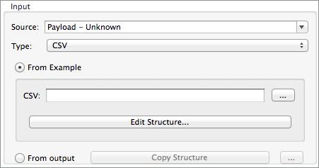 A window with options for data input, including source, type, and structure