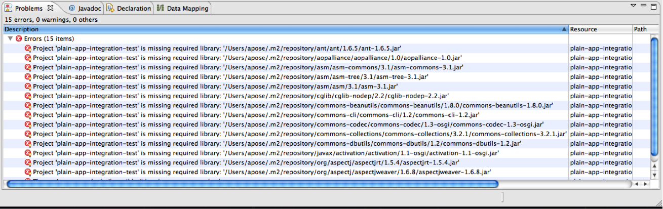 A table is presented that lists 15 errors, all related to missing required libraries