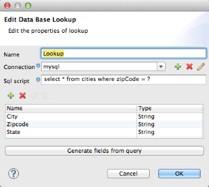 A window for editing the properties of a database lookup, with fields for name, connection, SQL script, and table data