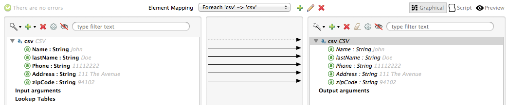 A workflow mapping input and output CSV arguments