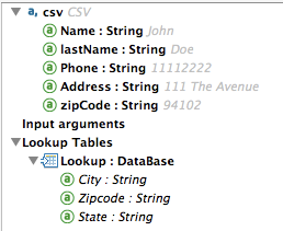 A table showing data fields with a data type of string for a CSV file and a lookup database