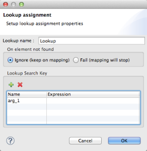 A window for setting up lookup assignment properties, with fields for lookup name, element not found behavior, and search keys