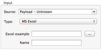 A form with fields for source, type, Excel example, and name