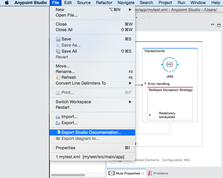 A menu with an option to export studio documentation