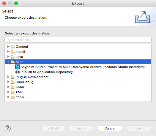 An export dialog box displays options for exporting a Mule project