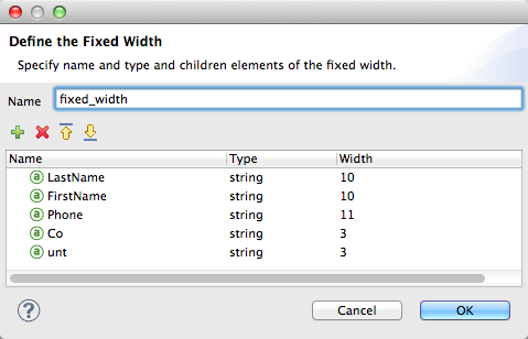 A table with names, types, and widths