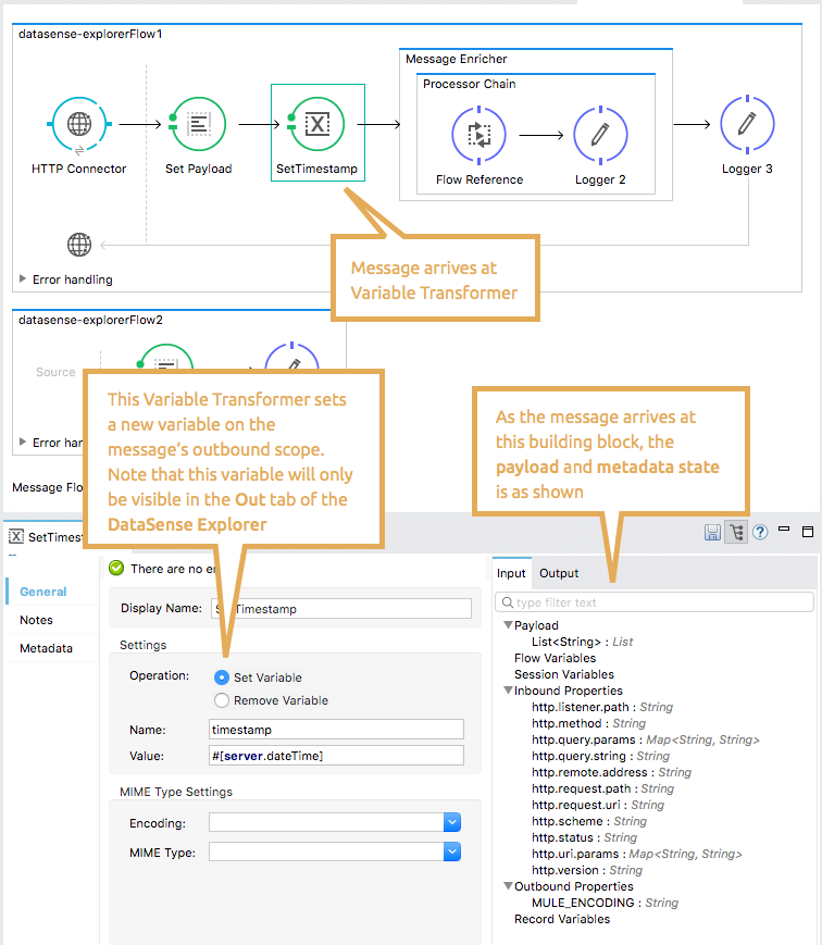 A diagram illustrates the message flow within a data sense explorer and enumerates the inbound and outbound properties of a payload