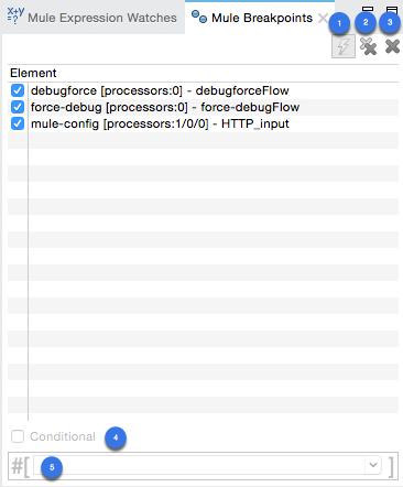 A list of debugging elements with checkboxes, a conditional button, and a numbered field