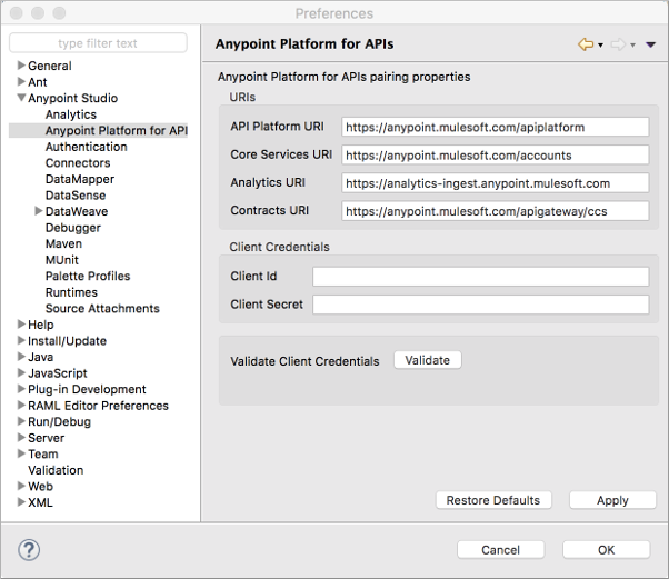 Preferences window for Anypoint Platform for APIs property pairings