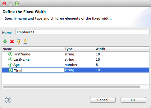 A table displaying data types and widths for employees