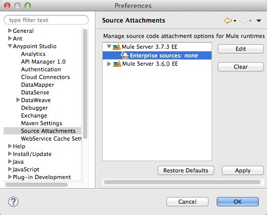 A window displaying preferences for source attachments in Mule runtime