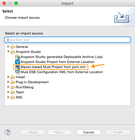 A list of import sources with an arrow pointing to a Maven-based Mule project from pom.xml