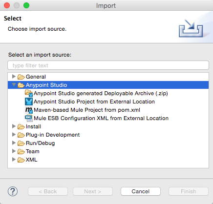 A dialog box displaying import options for Anypoint Studio