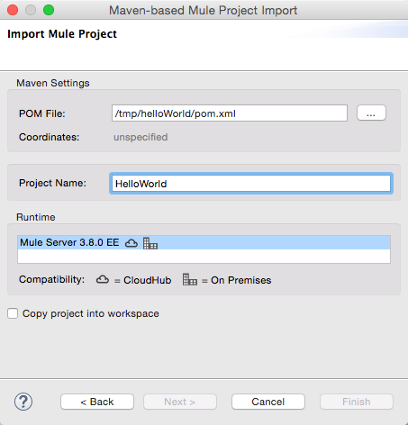 A dialog box for importing a Maven-based Mule project