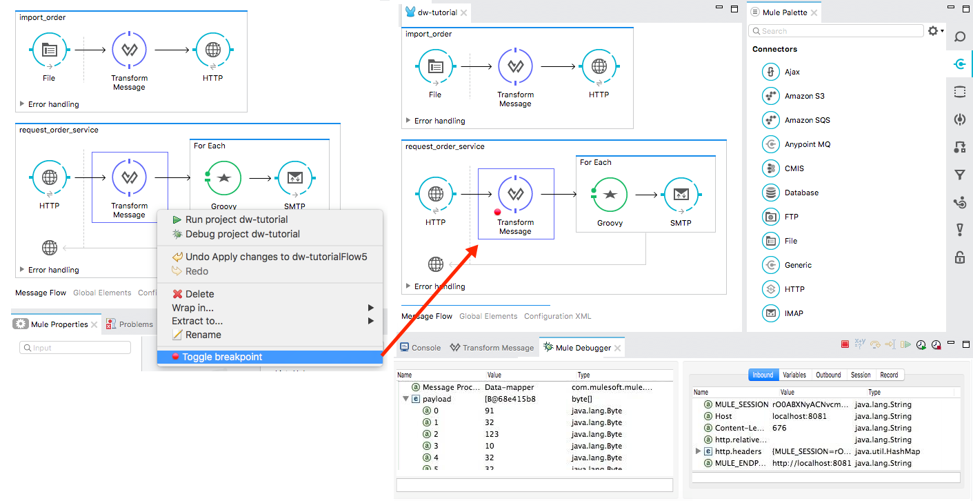 A message flow with breakpoints set and a table of variables in the session