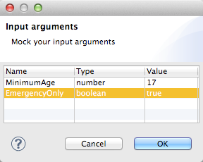 A table that lists the input arguments for a program, including the name, type, and value of each argument